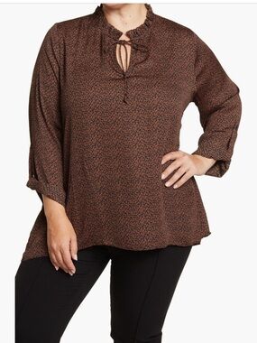 Everleigh Brown Floral Tie-Neck Blouse
